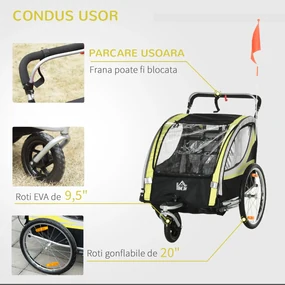 HOMCOM Remorca pentru bicicleta pentru copii 2 in 1, centura in 5 puncte, geanta de depozitare, reflector, steag, galben | Aosom Romania
