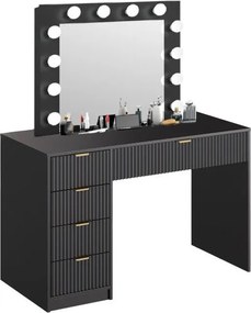 Masuta machiaj cu Oglinda LED si 5 Sertare pentru Cosmetice, Set Masa toaleta 120 cm, Alb, masuta cosmetica, vanity - SEN22