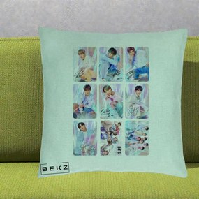 Perna Personalizata K-pop BTS Colaj 9 Fotografii Autografe Individual, 40x40 cm, Verde Menta, Husa Detasabila, Perna Inclusa, BEKZ®