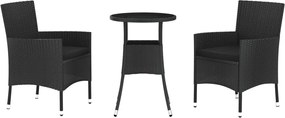 vidaXL Set bistro de grădină cu perne, 3 piese, negru, poliratan