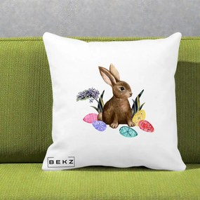 Perna Decorativa Iepuras cu Oua de Pasti Acuarela, 40x40 cm, Alba Mata, Husa Detasabila, Perna Inclusa, BEKZ®