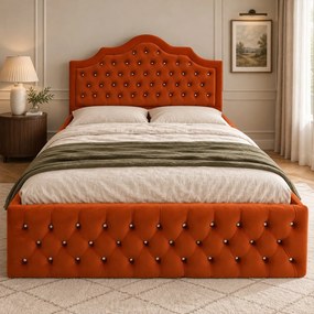 Pat tapițat Chesterfield din catifea Imperio Deluxe 160×200 cm, cărămiziu, cu ladă de depozitare
