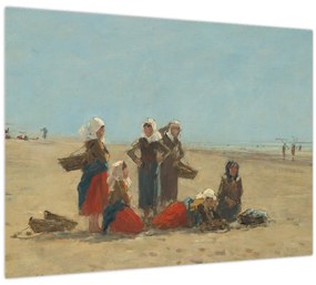 Tablou pe sticlă - Eugène Boudin, Women on the Beach at Berck, reproducere (70x50 cm)