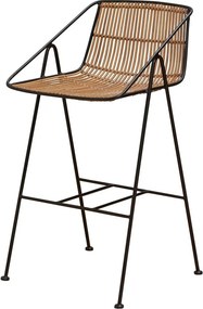 Scaun de bar din ratan și metal, negru, cu brațe, șezut scobit și suport pentru picioare, 90 x 51 x 52 cm, „Kuro”
