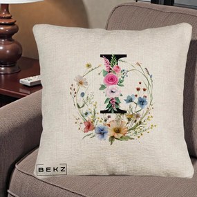 Cadou Personalizat - Perna Personalizata Monogram Litera I cu Flori Acuarela, 40x40 cm, Bej Canapea, Husa Detasabila, Perna Inclusa, BEKZ®