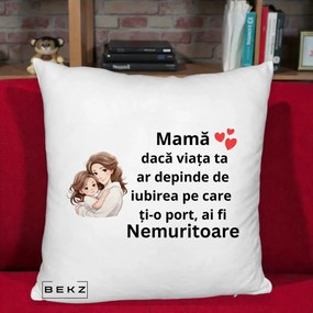 Cadou pentru Mama - Perna Personalizata Mama Nemuritoare cu Balon Inima, 40x40 cm, Alb Pufos, Husa Detasabila, Perna Inclusa, BEKZ®