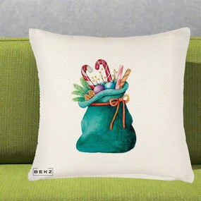 Perna Decorativa Saculet Cadouri Mos Craciun Acuarela Verde, 40x40 cm, Crem Reliefat, Husa Detasabila, Perna Inclusa, BEKZ®