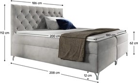 Pat cu boxspring, 180x200, ţesătură gri deschis Velvet, GULIETTE + cadou