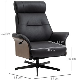 HOMCOM Fotoliu rabatabil cu tetiera reglabila si scaun captusit din cauciuc spuma, structura din otel si lemn, 84x83x103cm, negru si nuc
