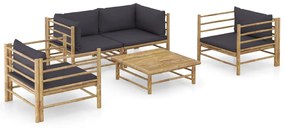 Set mobilier de gradina, 5 piese, perne gri inchis, bambus Morke gra, 2x colt + 2x fotoliu + masa, 1
