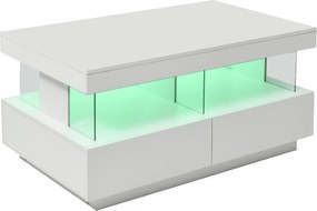 Masă de cafea modernă cu finisaj lucios, iluminare LED, 2 sertare, 100x60x49,5 cm, Alb