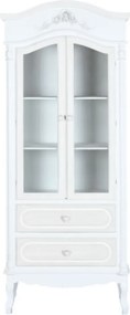 Vitrină shabby chic din lemn, alb, cu 2 uși vitrate, 3 rafturi, 2 sertare și decor cu trandafiri, finisaj patinat, 193 x 76 x 39 cm, „Magnolia”