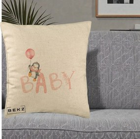 Perna Personalizata Baby Pinguin Roz, 40x40 cm, Bej, Husa Detasabila, Perna Inclusa, BEKZ®