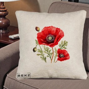 Perna Decorativa Maci Rosii Acuarela, 40x40 cm, Bej Canapea, Husa Detasabila, Perna Inclusa, BEKZ®