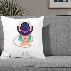 Perna Personalizata Zodie Taur, 40x40 cm, Alba Mata, Husa Detasabila, Perna Inclusa, BEKZ®
