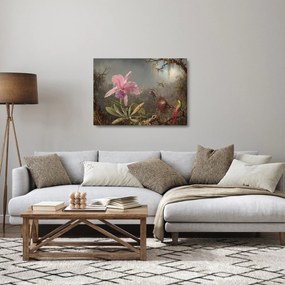 Tablou pe sticlă - Martin Johnson Heade, Cattleya Orchid and Three Hummingbirds, reproducere (70x50 cm)