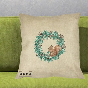 Perna Decorativa Coroana Turcoaz cu Veverita, 40x40 cm, Crem, Husa Detasabila, Perna Inclusa, BEKZ®