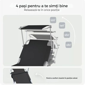 Șezlong de grădină HAWAII cu copertină reglabilă, 195x60x30cm, negru Casaria
