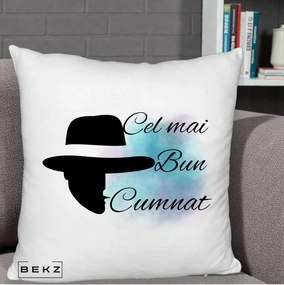 Cadou pentru Cumnat - Perna Personalizata Cel mai Bun Cumnat cu Silueta Palarie si Pete Teal-Roz, 40x40 cm, Alb Pufos, Husa Detasabila, Perna Inclusa, BEKZ®