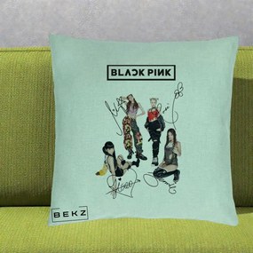 Perna Personalizata K-pop BLACKPINK Fotografie Grup Autografe Toate Membre, 40x40 cm, Verde Menta, Husa Detasabila, Perna Inclusa, BEKZ®