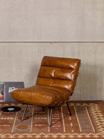 Fotoliu lounge din piele naturală top grain cognac cu structură din stejar și metal, „Spinal”