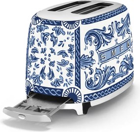 Prajitor de paine SMEG Dolce & Gabbana Blu Mediterraneo TSF01DGBEU, 950 W, 2 felii, 6 trepte, Tava pentru firimituri, Cablu integrat, Otel inoxidabil, Albastru