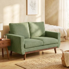 HOMCOM Canapea 2 locuri, 134 cm, catifea côtelată cu arcuri în buzunar, spătar gros, accent cu șipci din lemn, Grün | Aosom Romania