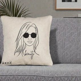 Perna Decorativa Beauty Girl Line Art, 40x40 cm, Bej Canapea, Husa Detasabila, Perna Inclusa, BEKZ®