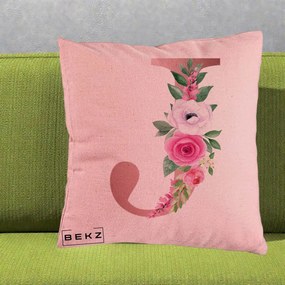 Cadou Personalizat - Perna Personalizata Monograma Rose Gold Litera J, 40x40 cm, Roz, Husa Detasabila, Perna Inclusa, BEKZ®
