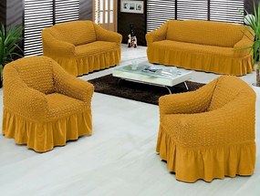 Set huse elastice si creponate pentru canapea 3 locuri, canapea 2 locuri si 1 fotoliu, cu volanas, Mustar