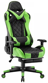 Scaun gaming, masaj in perna lombara, sezut benzi elastice sustinere suplimentara, cotiere 3D, suport picioare, funcție sezlong, 90-180 grade, Negru/Verde