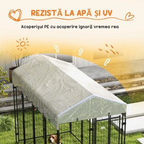 PawHut Cotet Exterior pentru Caini Mari, Tarc cu Copertina Impermeabila și Ușă, 239x121x183cm, Argintiu | Aosom Romania