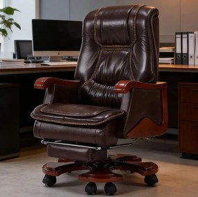 Regal Prestige– Scaun directorial din Piele Naturală si Lemn Masiv, Masaj in 7 puncte, Funcție Încălzire, Înclinare 135°, Suport Picioare Extensibil, Sezut cu Arcuri, Telecomandă, Maro