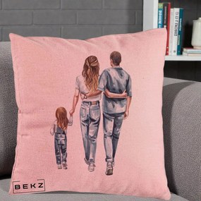 Cadou pentru Familie - Perna Personalizata Familie Acuarela Jeans, 40x40 cm, Roz, Husa Detasabila, Perna Inclusa, BEKZ®