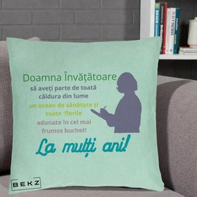 Cadou pentru Invatatoare - Perna Personalizata Doamna Invatatore La Multi Ani cu Silueta si Text Colorat, 40x40 cm, Verde Menta, Husa Detasabila, Perna Inclusa, BEKZ®