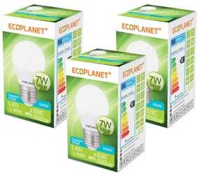 Set 3 Buc - Bec LED Ecoplanet glob mic G45, E27, 7W (60W), 630 LM, F, lumina rece 6500K, Mat Lumina rece - 6500K, 3 buc