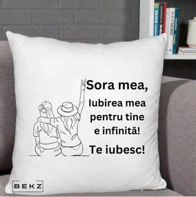 Cadou pentru Sora - Perna Personalizata Sora Mea Te Iubesc Line Art Portrete Colorate, 40x40 cm, Alb Pufos, Husa Detasabila, Perna Inclusa, BEKZ®
