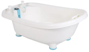 Cadita ergonomica pentru bebelusi si copii NOVOKIDS™ Baby Bubbles , Cu dispensor sapun si sampon incluse, Dimensiuni 95x48x88 cm, Alb cu Albastru