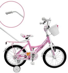 Bicicletă pentru copii cu roți auxiliare, bară de ghidare, coș și clopoțel 16 – pre deti od 4 do 6 rokov