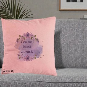 Cadou pentru Bunica - Perna Personalizata Cea Mai Buna Bunica Flori Mov Acuarela Negru, 40x40 cm, Roz, Husa Detasabila, Perna Inclusa, BEKZ®