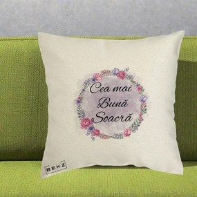 Cadou pentru Soacra - Perna Personalizata Cea mai Buna Soacra cu Coronita Flori Roz si Mov, 40x40 cm, Ecru, Husa Detasabila, Perna Inclusa, BEKZ®