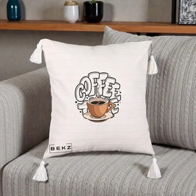 Perna Personalizata COFFEE cu Cana, 40x40 cm, Bej cu Franjuri, Husa Detasabila, Perna Inclusa, BEKZ®