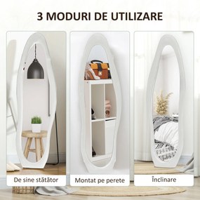 HOMCOM Oglindă cu Ramă Ondulată din Catifea, Oglindă Modernă de Podea sau Fixată pe Perete, 160x50 cm, Alb | Aosom Romania