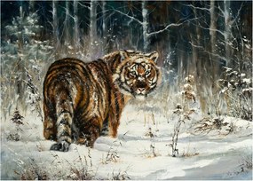 Tablou pe sticlă - Tigru într-o pădure înzăpezită, pictură în ulei (70x50 cm)