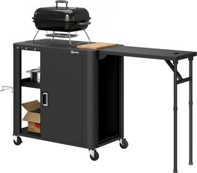 Outsunny Servantă de grădină cărucior de grătar pe roți cu masă laterală pliabilă dulap rafturi 166 x 54 x 88 cm negru | Aosom Romania