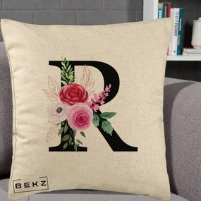 Cadou Personalizat - Perna Personalizata Monograma Florala Litera R, 40x40 cm, Bej, Husa Detasabila, Perna Inclusa, BEKZ®