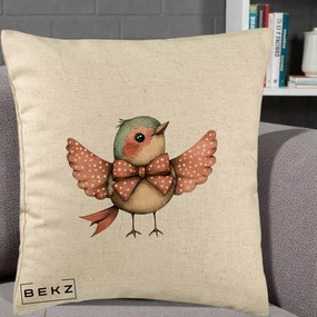Perna Decorativa Pasare Roz cu Aripi si Fundita, 40x40 cm, Bej, Husa Detasabila, Perna Inclusa, BEKZ®