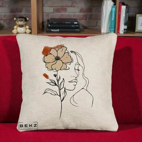Perna Decorativa Portret Feminin Floare Bej Terracotta, 40x40 cm, Bej Canapea, Husa Detasabila, Perna Inclusa, BEKZ®