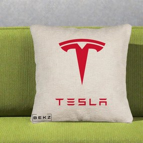 Perna Personalizata cu emblema Tesla, 40x40 cm, Bej Canapea, Husa Detasabila, Perna Inclusa, BEKZ®