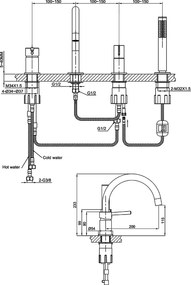 Baterie cada cu montaj pe cada, negru mat, 4 gauri, cu set dus, pipa 20 cm, LaVita Verdi Negru